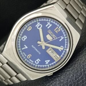 Vintage 1973 Seiko Automatic Mens Silver Watch W/daydate & Blue accents